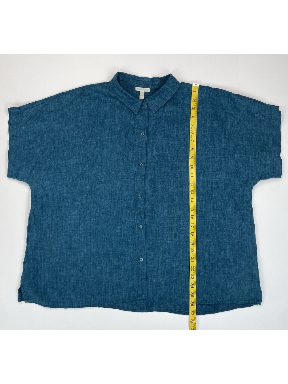 Eileen Fisher Organic Linen Short Sleeve Boxy Shirt Blouse Teal Blue 1X - Picture 6 of 7